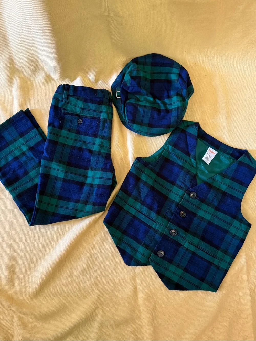 Gymboree Boys Green & Navy Plaid Vest, Pants & Cap Set